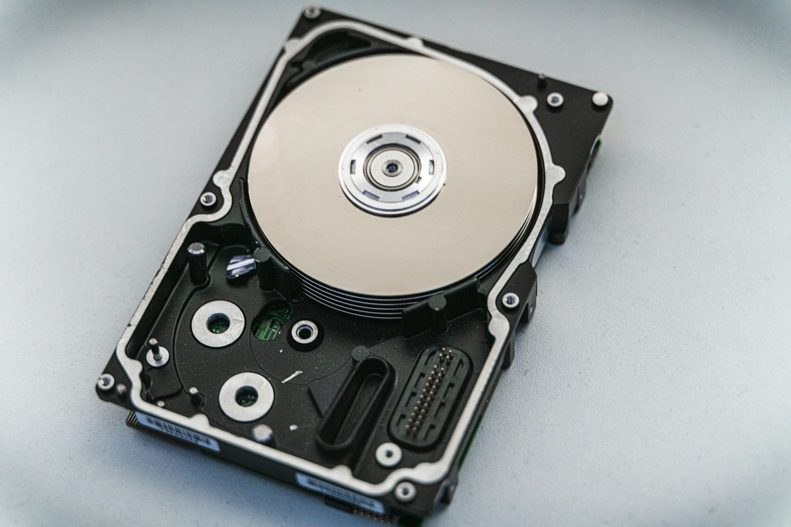 Hard disk drive photographed for storage recovery service context.