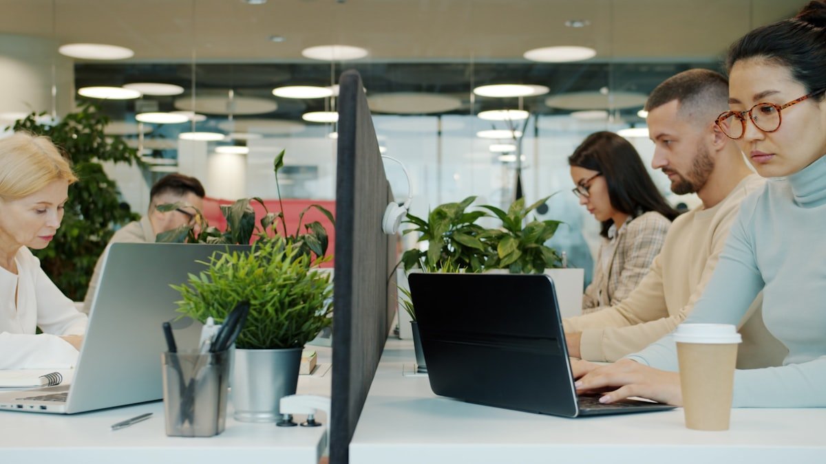 Professionals working at laptops in a modern office environment.