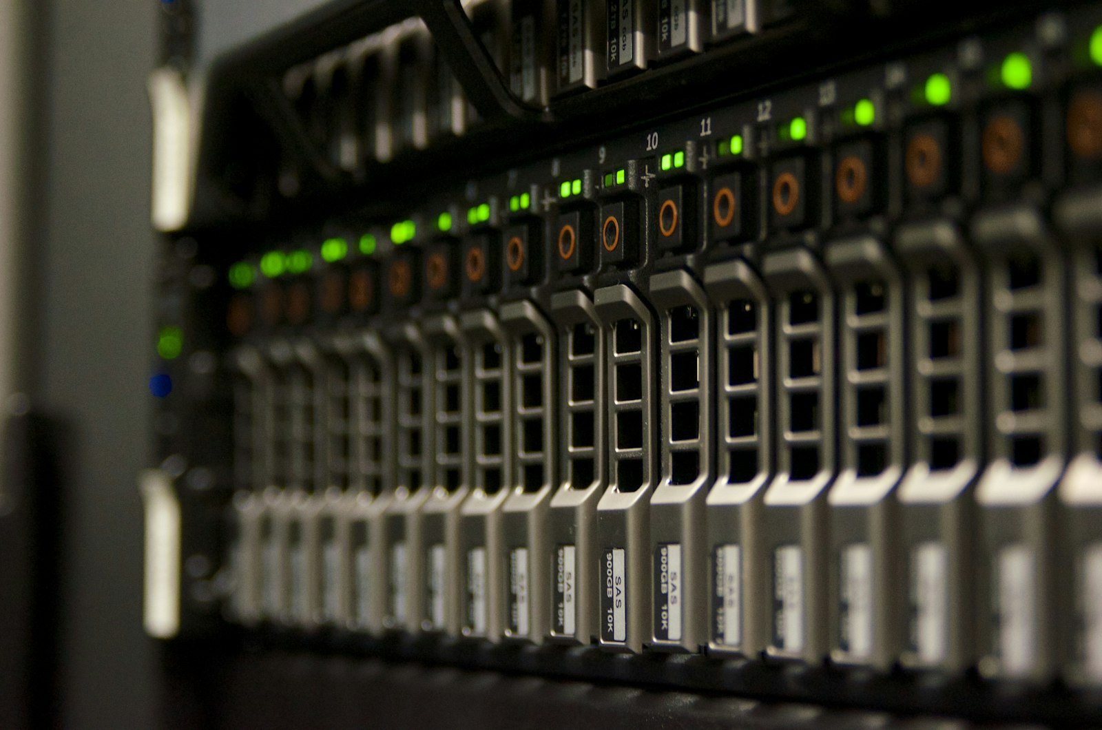 Server rack and storage hardware lights representing RAID and NAS recovery scenarios.