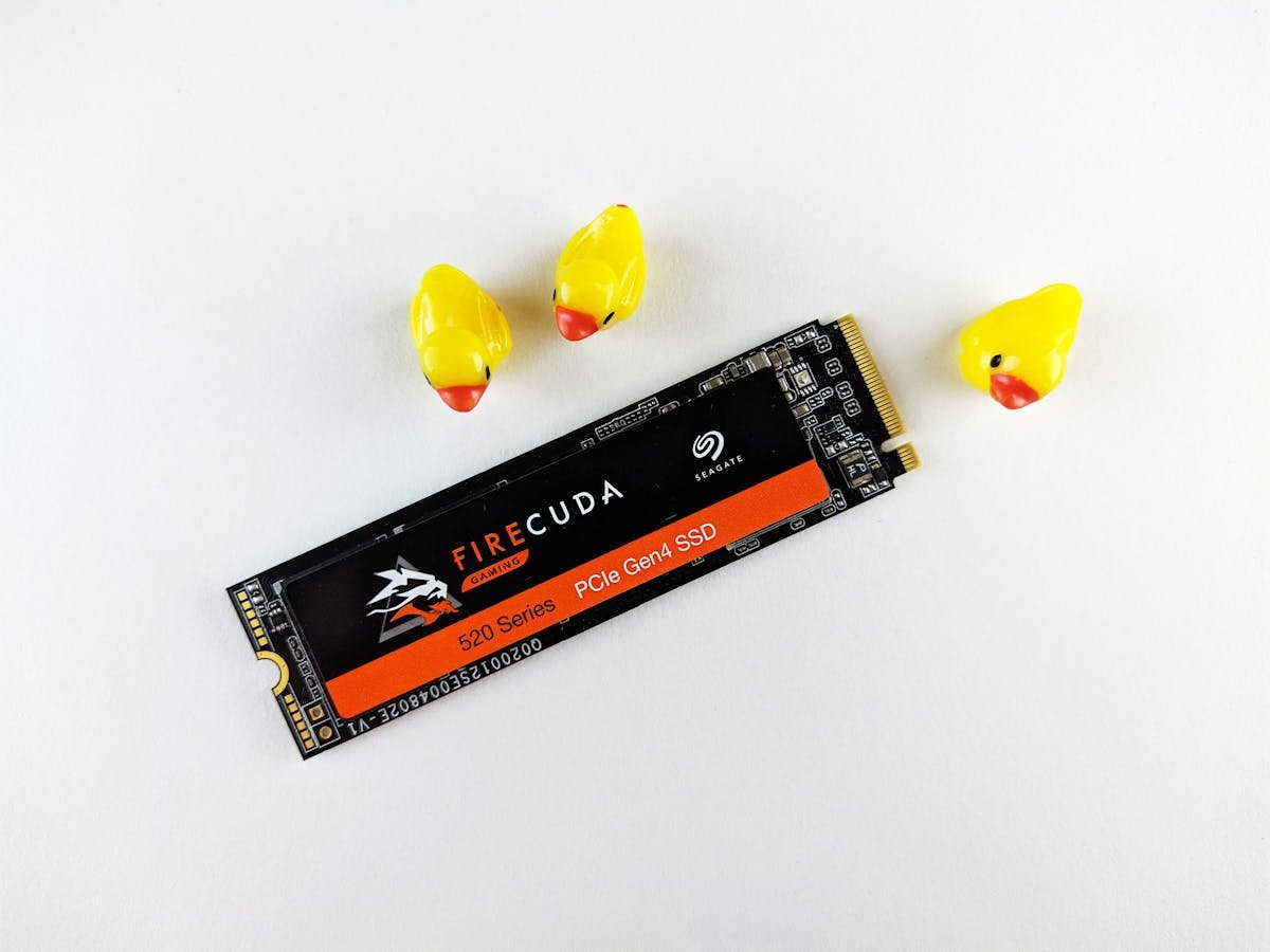 Seagate FireCuda M.2 PCIe Gen4 NVMe SSD on a white surface.